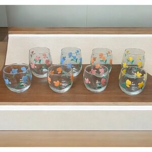 Vintage Libbey Rocks & Cooler Glasses Retro Pastel Floral Set of 8 NEW NOS